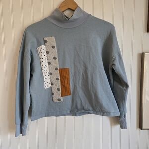 Roolee Blue Cotton Mockneck Long Sleeve Boxy Patchwork Shirt